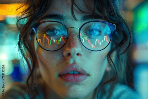 Stock market curve reflected in girls glasses paints a picture of a volatile financial market, adding depth to image.