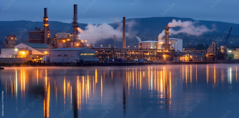 Industriepark mit einer Ölfabrik und einem Hafen davor, beleuchtet durch Lichter. Schornsteine, aus denen Dampf austritt, oder leichte Wolken aus Gebäuden, Spiegelung im Wasser, Konzept Industrie