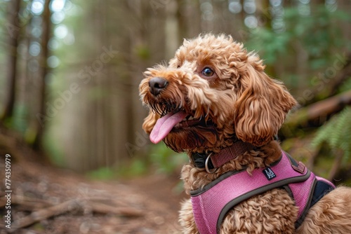 A happy brown labradoodle with a fluffy coat and pink harness is smiling while hiking looking to the side with space for text