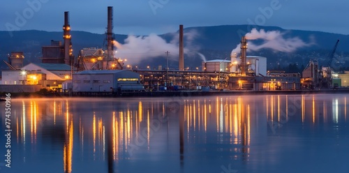 Industriepark mit einer Ölfabrik und einem Hafen davor, beleuchtet durch Lichter. Schornsteine, aus denen Dampf austritt, oder leichte Wolken aus Gebäuden, Spiegelung im Wasser, Konzept Industrie