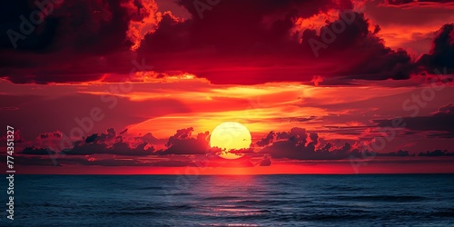 sunset over the ocean  with dark clouds and a large sun setting in the background