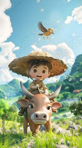 A cute little farmer boy is sitting on the back of an ox, with grassland and blue sky in the background. A swallow flies above him. 