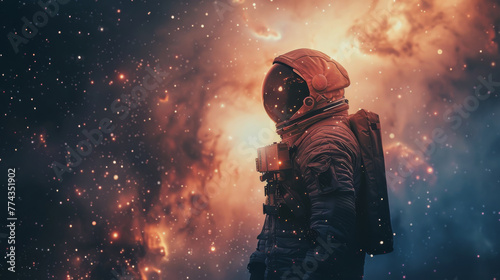 Astronaut in Space Suit Against Starry Sky © olegganko