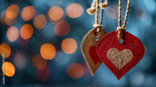Three Red Hearts Hanging With Lights Background