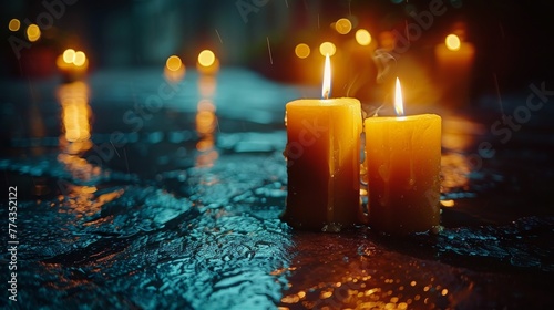 Group of Lit Candles on Wet Ground