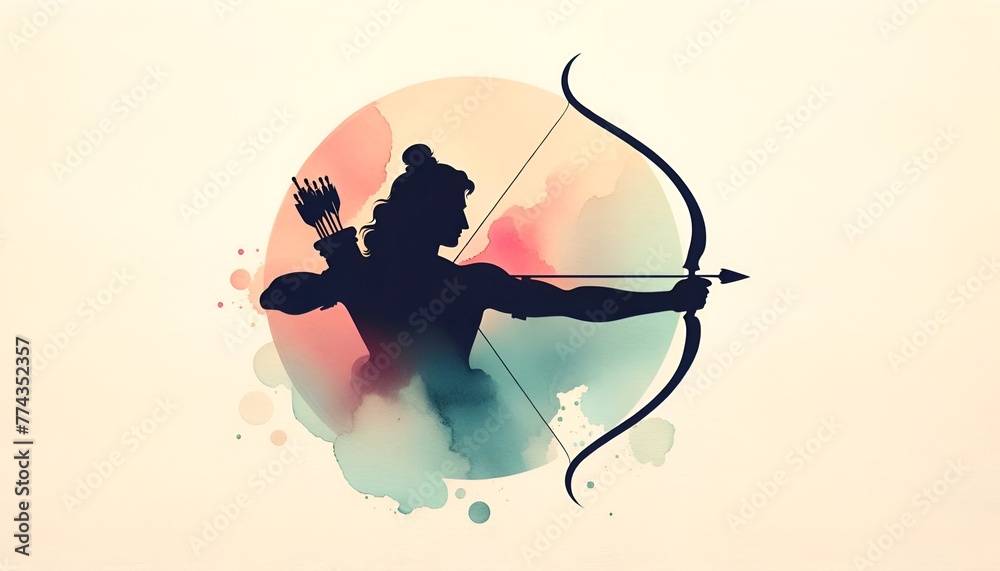 Watercolor  illustration for ram navami with a silhouette of lord rama holding bow and arrow. - obrazy, fototapety, plakaty 