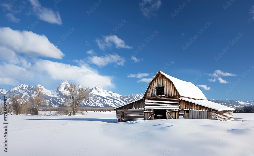 A rustic barn stands alone in the snow-covered landscape of Grand Teton National Park