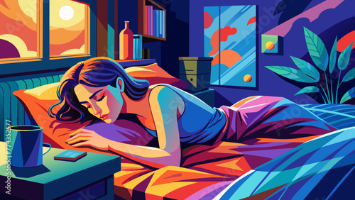 Young woman sleeping on her bed digital painting, Vector graphics Element Illustration Design