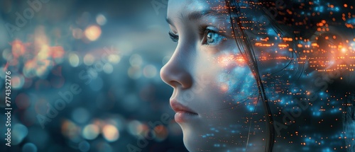 Close-up of a woman's face with vibrant light particles, depicting digital beauty and futuristic concep photo