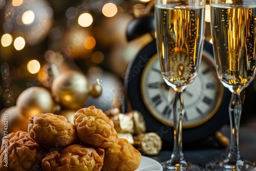 Dutch New Year s Eve oil fritters champagne clock photo