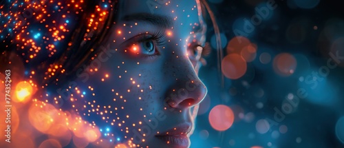 Futuristic female portrait with a network of bright cyber particles, blending human and digital worlds
