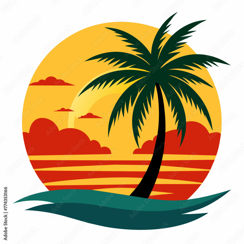 Tropical Sun and Palm Tree T-shirts design, Vector retro sunset and palm silhouettes, Graphics for apparel, icon, logotype
