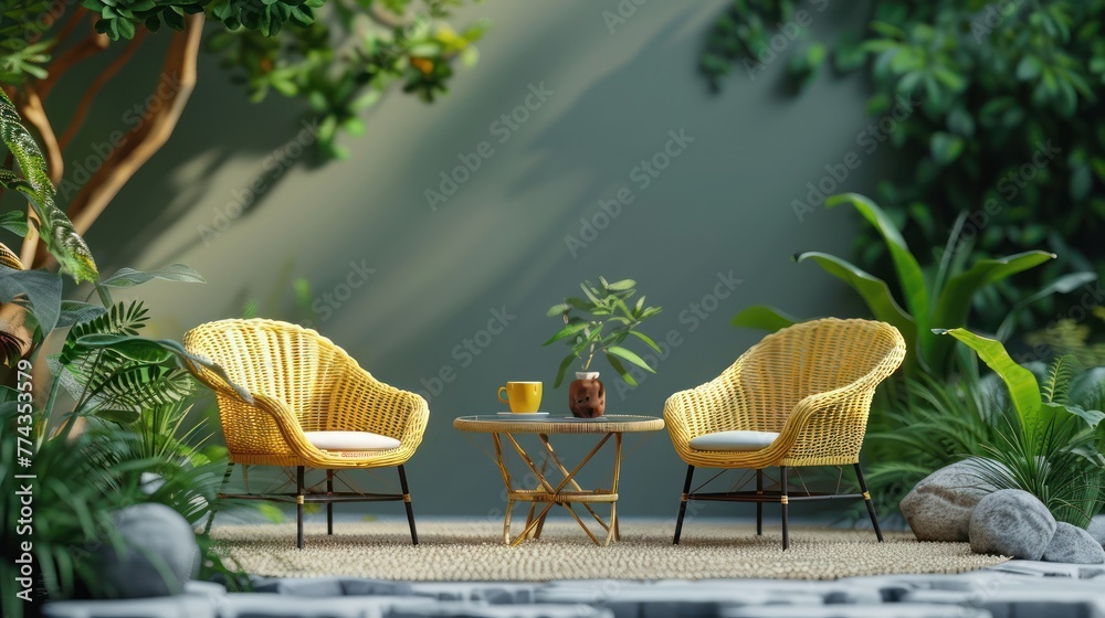 3D rendering of a simple, isometric outdoor summer cafe, with two chairs and a table
