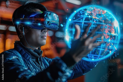 Businessman in VR headset touching a hologram globe that displays weather anomalies, close-up with a technological vibe