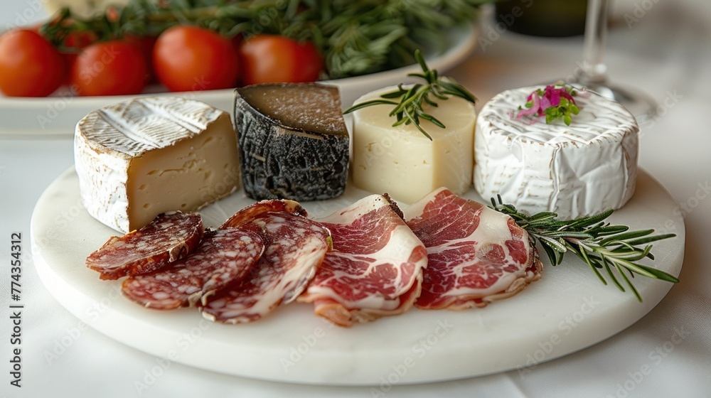 Delicious Delights: A Culinary Creation of Meat and Cheese on a White Plate Delicious Delights: A Culinary Creation of Meat and Cheese on a White Plate
