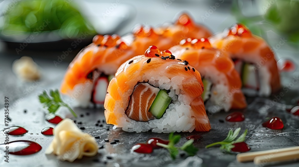 Japanese sushi and rolls on a light stone background. Banner, menu, food advertising.