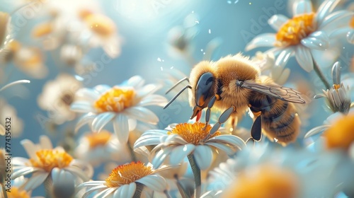 A bee is seen in a field of flowers, with the sun shining brightly on the scene. The bee is focused on a flower, and the image conveys a sense of peace and tranquility