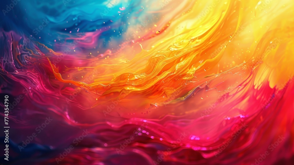 A colorful painting of a wave with a yellow and orange swirl. The painting is abstract and has a vibrant, energetic feel to it