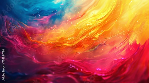 A colorful painting of a wave with a yellow and orange swirl. The painting is abstract and has a vibrant, energetic feel to it