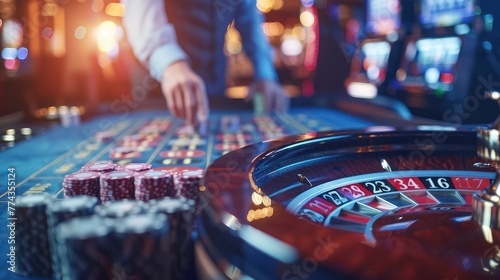 Close-up on holographic roulette wheel and betting table in VR, with a businessman placing digital chips on his lucky numbers