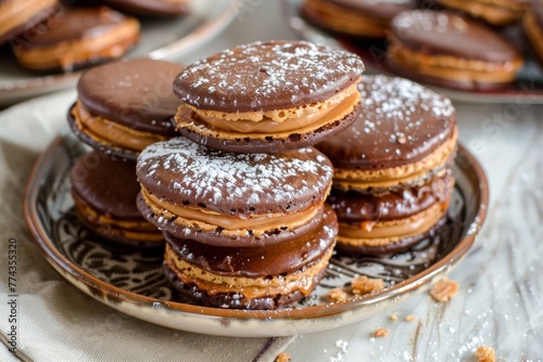 Alfajor cookies with caramel on a plate on a table
