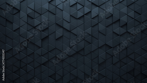 Triangular Tiles arranged to create a Black wall. Polished, Futuristic Background formed from 3D blocks. 3D Render