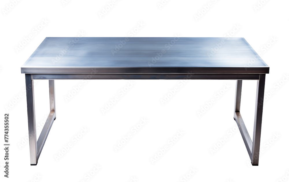 A sleek stainless steel table radiates elegance on a clean white background A sleek stainless steel table radiates elegance on a clean white background