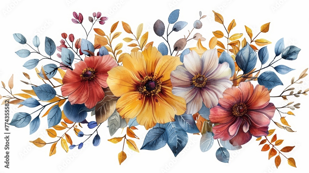 Autumn Flower Designs in Watercolor on White Background Generative AI
