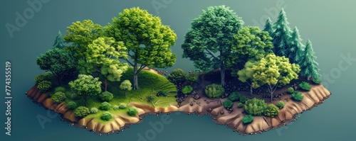 Isometric depiction of a forest with half showing lush trees and the other half cleared land