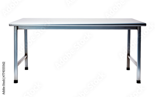 A pristine white table with metal legs stands gracefully against a minimalist white background