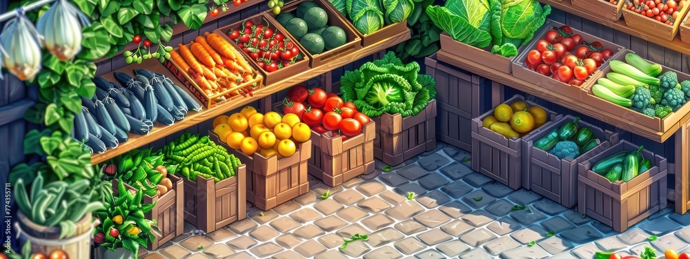 Isometric depiction of a summer farmer's market stall, with fresh produce on display