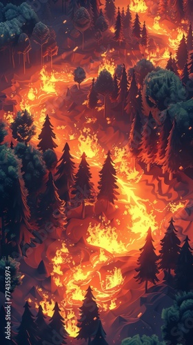 Isometric view of a minimalist wildfire spreading through a forest, with vibrant flames