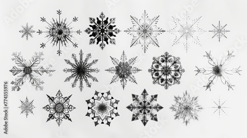 A series of snowflakes are drawn in black and white. The snowflakes are all different sizes and shapes  but they all have a similar design