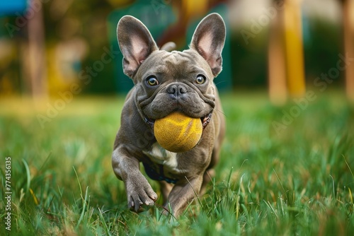 French bulldog running with ball in mouth