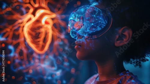 Medium shot of a child in VR navigating the circulatory system  with a holographic heart beating beside them