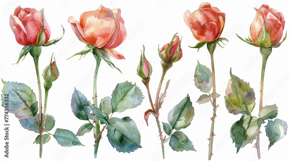 Delicate Watercolor Rose Buds on White Background Generative AI