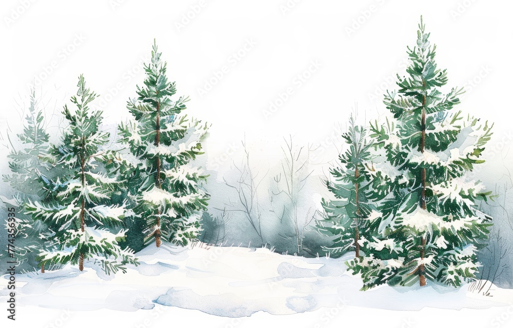 Winter Pine Trees Watercolor Art with Snowy Tops and White Background Generative AI