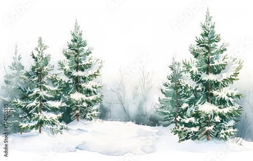 Winter Pine Trees Watercolor Art with Snowy Tops and White Background Generative AI © Alex