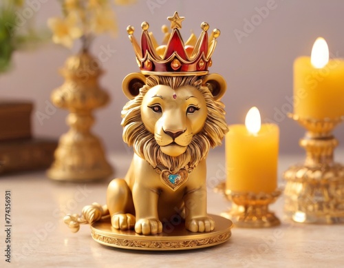 An ornate lion figurine adorned with a studded crown and heart pendant sits elegantly beside glowing candles, evoking a royal ambiance