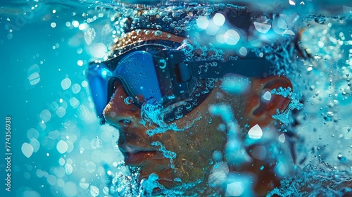 A man is swimming in the ocean wearing goggles. The water is blue and the man is surrounded by bubbles
