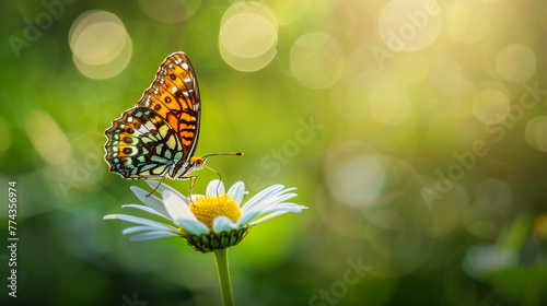 Beautiful butterfly and tiny flowers on light blue background, bokeh effect. Awesome spring blossom