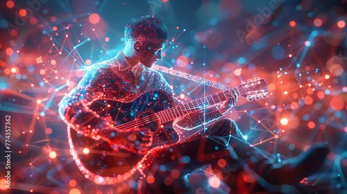 A man is playing a guitar in a colorful  abstract background. Concept of creativity and artistic expression  as the man s guitar playing is surrounded by a vibrant and dynamic visual environment