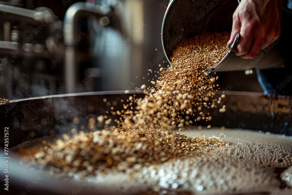 Brewer Pouring Malted Grains for Brewing Brewer Pouring Malted Grains for Brewing