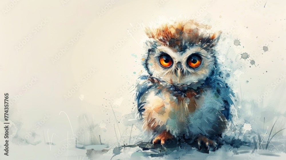 Adorable Baby Owl Watercolor Painting on White Background Generative AI