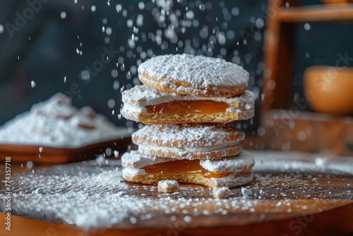 Alfajor cookie with sweet filling and sugar coating