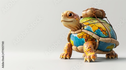 A turtle is carrying a backpack and is standing on a white background. The turtle is the main focus of the image, and the backpack is the secondary element. Concept of adventure and travel photo