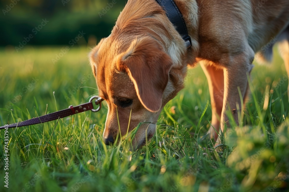 A dog on a leash sniffs grass and pulls