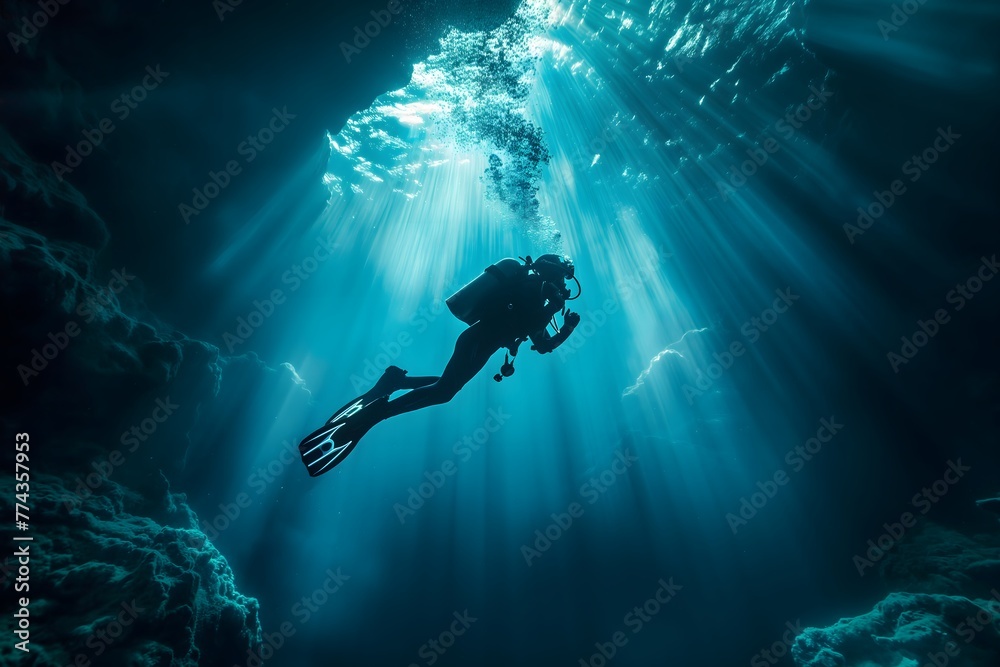 Taucher im Meer, Sonnenlicht bricht an der Wasseroberfläche, Konzept traumhafte Unterwasserwelt Taucher im Meer, Sonnenlicht bricht an der Wasseroberfläche, Konzept traumhafte Unterwasserwelt