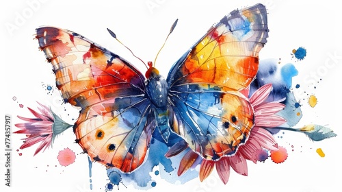 Charming Watercolor Butterfly on a Flower against White Background Generative AI