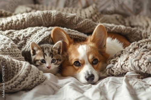 Corgi dog gazes at kitten under blanket on bed Text area empty